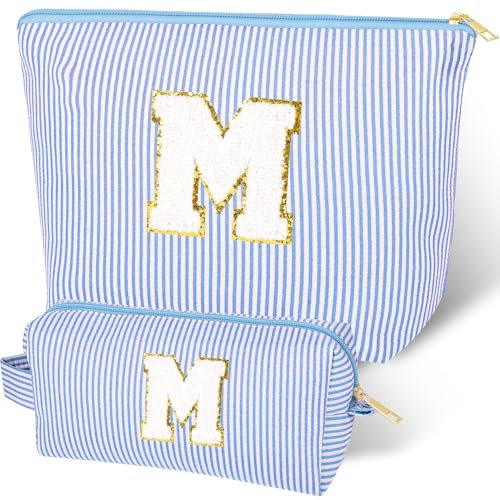 Trousse de Maquillage,2PCS Trousses de Maquillage Personnalisées pour Femme,Trousse de Maquillage de Voyage avec Initiale pour Maman,Petite Amie,FêTe des MèRes,Saint-Valentin,d'anniversaire (Bleu M)