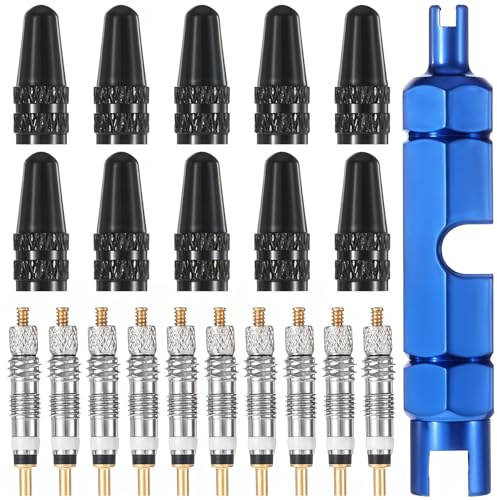 21 Stück Fahrradventil Adapter Set, Französisches Ventil Reparaturset 10 Sclaverandventil Ersatz, 10 Presta Ventileinsatz Ventilkappen und 1 Schaftentfernungswerkzeug für Fahrradreparatur Rennrad