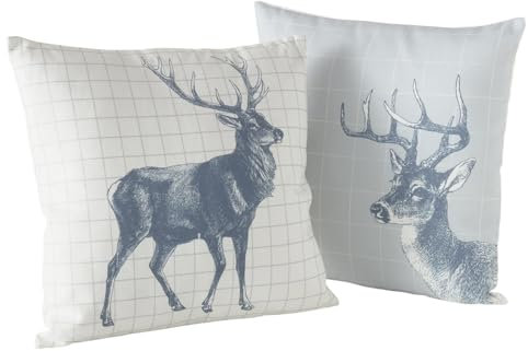 mucHome Deko-Kissen mit Hirsch-Motiv 45 cm Länge Grau und Weiß 2er-Set Kissen Hirschkissen Dekoartikel Wohnzimmer