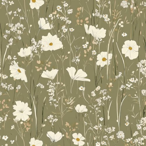 FunStick Olivgrüne Tapete Selbstklebend Blumen Botanisch Tapete Schlafzimmer Kinderzimmer Wildblumenwiese Klebefolie Botanical Vintage Folie für Möbel Grün Schrank Klebefolie Möbel Blumen 44.5CMx3M