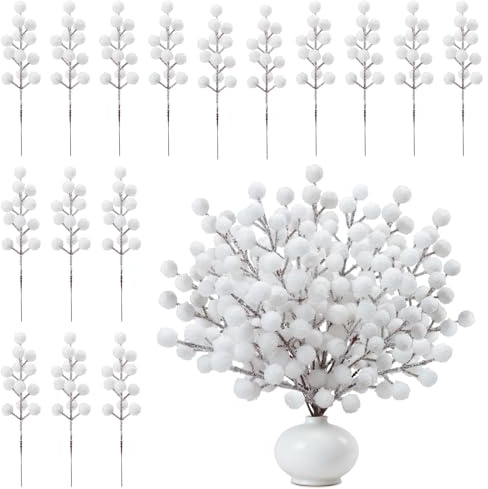 Shining She 16 Stück Weiß Beeren Deko Weihnachten, Künstliche Weiß Beeren Deko Zweige Weihnachten, Beerenzweig Künstlich Holly für Weihnachtsdeko Hochzeit Partydekoration DIY Handwerk