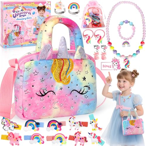 Einhorn Handtasche, 20 Stücks Schmuckset Für Mädchen,Schmuck set-Mädchen Mit Halskette Armband Ring Ohrring, Kinder Schmuckset-Mädchens,Kinderschmuck Einhorn Geschenke Für Mädchens Geburtstag 3-7jahre