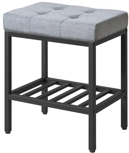 IBUYKE Make-up Hocker, Bettwäsche Sitz Eitelkeit Stuhl, Blau Grau WBD017L | Verstellbare Füße Aufbewahrungsraum Fußlehne Multi-Use Kleiner Beistelltisch Osmanisches Schlafzimmer WBD017L