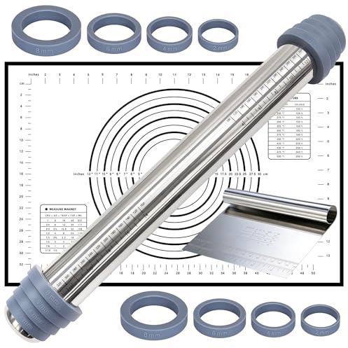 Mattarello con Spessori Anelli Rimovibili in 4 Misure - Mattarello Acciaio Inox, Antiaderente 42 cm con Spianatoia per Impastare e Tarocco, Tutti con Indicatori di Misura - Per Pizza, Pasta, Torte