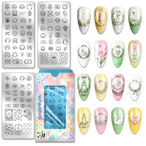 PH PandaHall 3pcs Bow Wreath Nail Stamping Plates Candle Cake Nails Art Stencils Heart Flower Nail Art Templates Butterfly Swan Nails Image Plates for Women Manicures Salon DIY Printing Design
