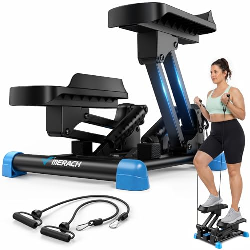 MERACH 3-in-1 Mini-Stepper für Zuhause Mit großer Schritt & Dämpfung | 6X Stärkeres Brennen Mit 12 Stufenhöhe & Power Ropes für Ganzkörper-Training, leiser Stair Stepper Mit LCD Display,MAX 150KG