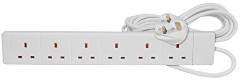 pro elec 6 Way Gang Power Mains Extension Lead 10M Metre Cable British Approved 13A Amps - White
