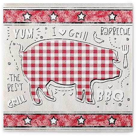 Sovie HOME Serviette BBQ aus Linclass Airlaid, 40 x 40 cm, 1/4 Falz, 12 Stück, Kuh Schwein Fisch Huhn Motiv, Rot Beige, Einweg, dekorativ, Grillparty