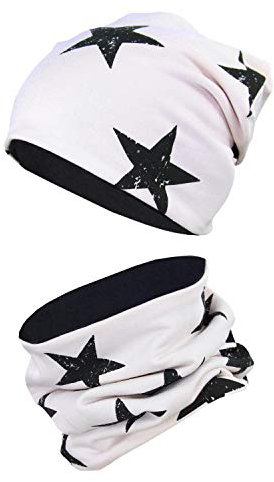 TupTam Unisex Kinder Beanie Mütze Schlauchschal Set, Farbe: Sterne Schwarz/Rosa, Größe: 54-56