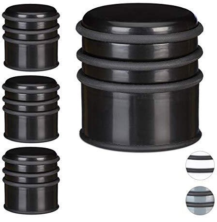 Relaxdays 4 x Türstopper für den Boden, Schwerer Türpuffer, für Türen & Fenster bei Luftzug, 3 Gummiringe, ∅ 7 cm, schwarz
