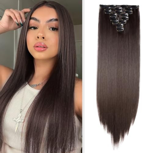 TESS Clip in Extensions wie Echthaar Haarteile Dunkelbraun Haarverlängerung Kunsthaar günstig 8 Pcs 18 Clips Glatt Hair Extensions 26(66cm)-140g