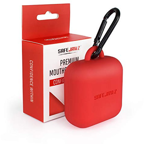 SAFEJAWZ Premium Mundschutzetui mit Karabinerhaken. Einzigartiges, langlebiges und flexibles Silikondesign, um Zahnfleischschutz geschützt, sicher/sauber zu halten. Einheitsgröße. (Rot)