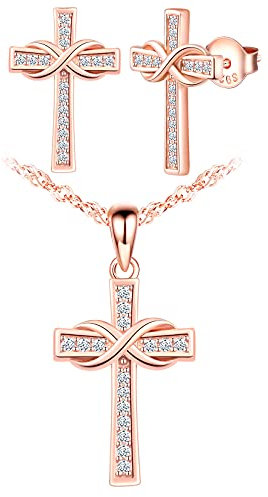 Yumilok Kreuz Kette Halskette Anhänger Silber 925 Sterling Silber Unendlichkeit Anhänger Zirkonia Damen Ohrstecker Ohrringe Set für Damen Mädchen Rosegold