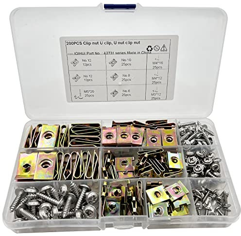 NICAVKIT 200pcs Gewinde Clip Mutter Set, U-Typ Blechmuttern mit Schrauben Nr.6/8/10/12 M3 M4 M5, Schnappmutter Set Edelstahl Schlauchschellen Set Auto Befestigung Clips für Auto Motorader
