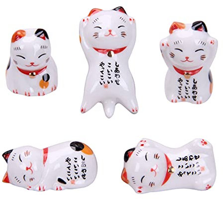 Fyearfly Soporte para Palillos de Gato de la Suerte, 5 unids/Set Soporte para Palillos de Gato de la Suerte, Palillos de cerámica Japonesa, Adornos Decorativos para el hogar