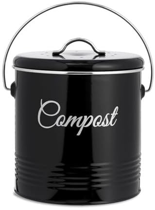 Innoteck Essentials Compost Bucket - 3 Litre Kitchen Composting Bucket - Charcoal Filters and Lid for Indoor Organic Food Waste Recycling - Metal Kitchen Compost Bin - Black