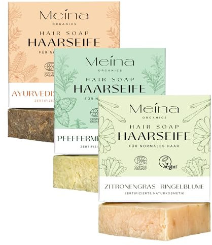Meina Naturkosmetik - Bio Seifen Set, Haarseifen mit Zitronengras, Brennnessel und ayurvedischen Kräutern, Organic zertifiziert, Vegan, Nachhaltig, Handgemacht, 3 x 80g