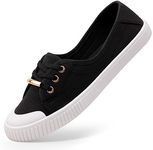 Harvest Land Womens Canvas Shoes Low Top Flat Gym Sports Pumps Trainers Lace Up Flat Ladies Girls Fashion Pumps Black UK 7