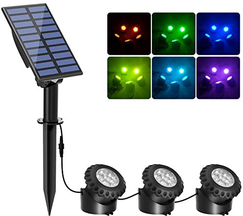 T-SUN Solar Pond Lights, RGB Underwater Spot Light Set of 3 Lights 6 LEDs Landscape Spotlight Underwater Lights IP68 Waterproof Amphibious Light for Fish Tank Garden Yard Pool Fountain Pond Waterfall