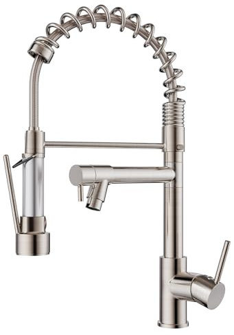 FORIOUS Grifo Cocina, Grifos Cocina Fregadero de Dos Asas, Acero Inoxidable Monomando Torneira Cozinha con Giratorio 360°y Doble Rociador