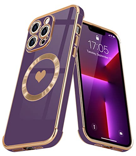 L-FADNUT Heart Case iPhone 13 Pro for Women Girls Luxury Plating Cute Love Heart Soft Back Cover Full Camera Lens Protection MagSafe Phone Case iPhone 13 Pro Case Dark Purple