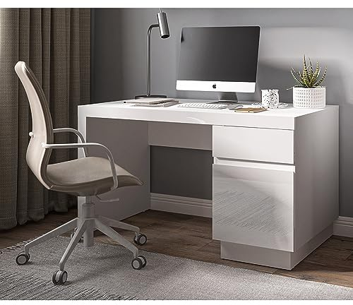 Lomadox Büro Schreibtisch Arbeitsplatz, 135 cm breit, in weiß Hochglanz, B/H/T ca. 135/75/65 cm
