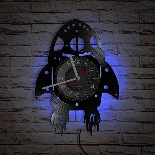 Smotly Vinyl Wanduhr Rakete Thema Analog Uhr LED Nachtlicht mit Fernbedienung Wanduhr Geschenk für Kinder!