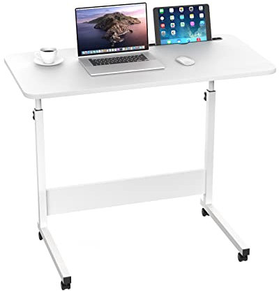 Lvhcmfohm Table de lit avec Roulette Réglable en Hauteur, Bureau pour Ordinateur Portable avec Fente pour Carte, Table d'ordinateur Mobile (80x40cm, Blanc)