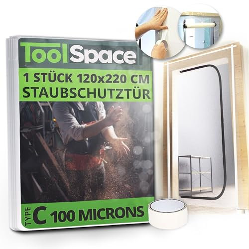 ToolSpace 1x Staubschutztür mit Reißverschluss 220x120cm Staubschutztüren Inklusive Klebeband - Folientür Bautüre Staubtür Staubschutzwand Abdeckfolie Dust Door Schützt vor Staub Schmutz Farbspritzern