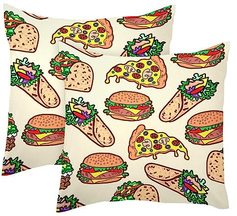 Cheeseburger Taco Toast Pizza 2 Pack Square Throw Pillow Covers Decorative Soft Velvet Pillowcase for Couch Sofa Bed Car Living Room, 40x40cm