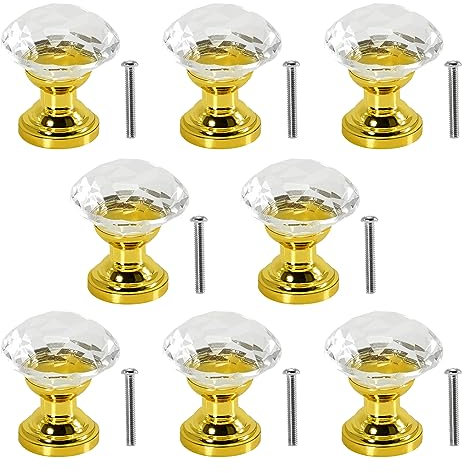 Crystal Glass Drawer Knobs with Diamond Design. 20mm Gold Knobs for Kitchen, Bathroom Cabinets and Furniture