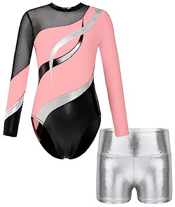 YOOJIA Mädchen Turnanzug Turnshorts Haarband Set Kinder Gymnastik Langarm Gymnastikanzug Tanzen Kleidung 5-14 Jahre Rosa und Silber 158-164