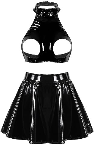 TiaoBug Damen Wetlook Dessous Set Sexy Neckholder Crop Top und Hohe Taille Skater Teller Glocken Rock Lack Leder Optik Gogo Raver Outfit Clubwear Schwarz Ouvert S