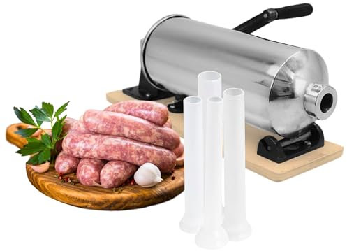 YARRD Sausage Stuffer with Wooden Base – Stainless Steel Horizontal Meat Sausage Stuffing Machine with Wood Base Manual Sausage Maker for Professional Commercial Kitchen and Household Use