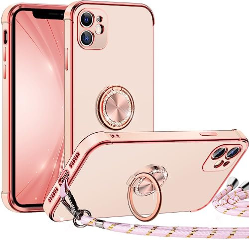 Miss Arts für iPhone 12 Mini Hülle mit Band, Ring Ständer Handykette Handyhülle Frauen Mädchen Dünn Stoßfeste Schutzhülle für iPhone 12 Mini Case Rosa