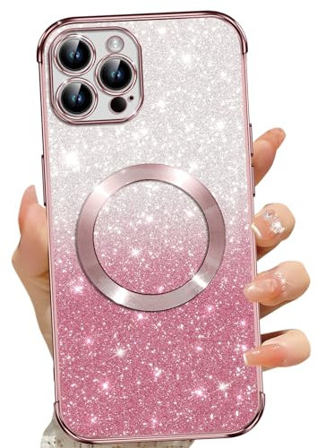 Phoona für iPhone 12 Pro Max Hülle, Magnetisch Handyhülle Kompatibel mit MagSafe, Keine Vergilbung, Kratzfeste, Ganzkörperschutz Glitzer Hülle für iPhone 12 Pro Max, Mit 2 Schutzfolie, Rosa