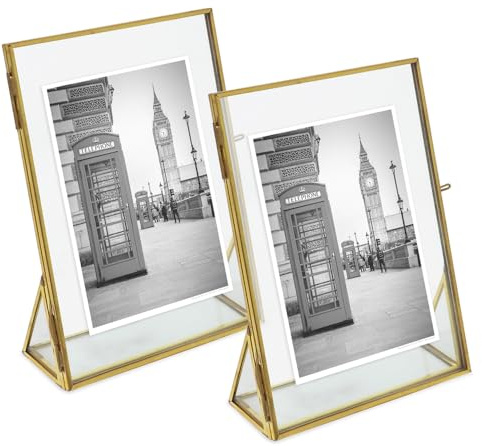 Isaac Jacobs 5x7 Antik Gold Vintage Stil Messing und Glas Schwebender Fotorahmen Metall (vertikal) mit Medaillon-Verschluss und abgewinkelter Basis für Bilder, Kunst, Andenken, Andenken, 2 Stück (5x7,