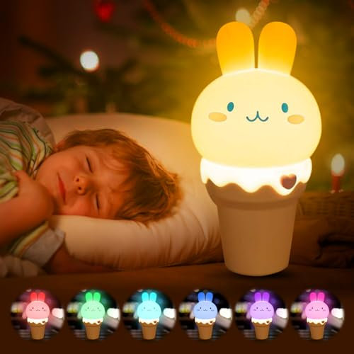Nachtlicht Baby Silikon, Stilllicht USB-Aufladung Nachttischlampe Touch Dimmbar, 7 Farben Kawaii Bunny Nachtlicht Schlaflicht Kinde Kinderzimmer Deko Geburtstag Geschenke für Mädchen Junge