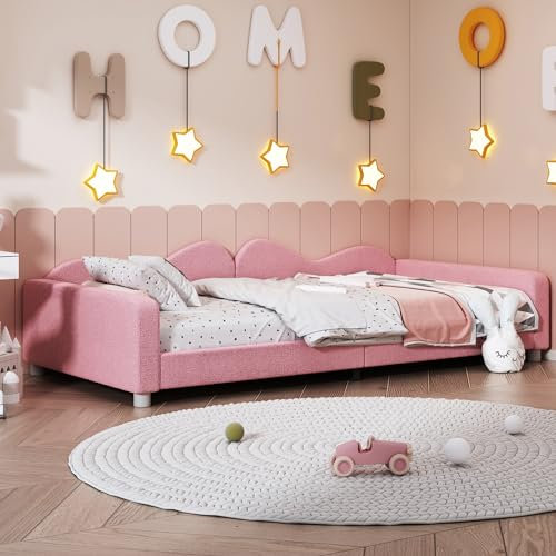 FEZTOY Kinderbett Polsterbett 90x200cm, Einzelbett mit Holz Lattenroste, Schlafsofa Bettgestell Bett mit Armlehnen und Rückenlehne, Jugendbett Gästebett, ohne Matratze (Pink)