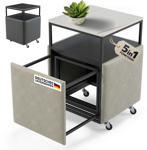 Heimtrend 4 Hocker mit Beistelltisch - Jetzt Platz Sparen! [5 in 1 Cube Grau/Weiß] Couchtisch, Wohnzimmertisch, Sitzhocker – für mehr Ordnung und Stauraum im Wohnzimmer, Esszimmer, Gästezimmer