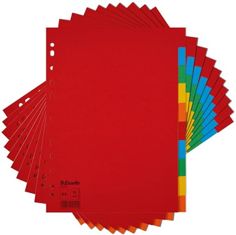 Esselte 10 Packs A4 Card File Dividers, 10 Parts Coloured Folder Dividers for Ring Binders and Lever Arch Files, Made from durable, Eco Friendly Recycled Card