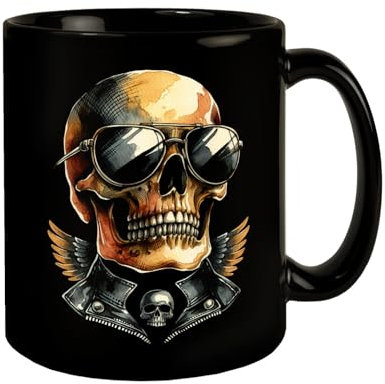 Rocker - Taza de calavera negra en negro, con gafas de sol, diseño de esqueleto, color negro