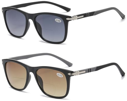 Lanomi Bifokal Lesebrille mit Sonnenschutz Damen Herren Rechteckige UV Schutz Gradient Grau Braun Sonnenbrille mit sehstärke