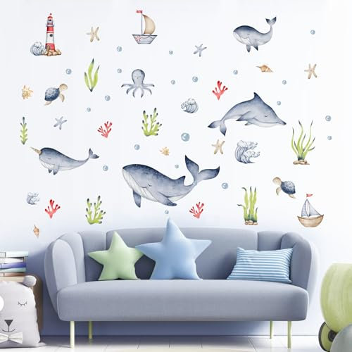 Tanlaby Unter Dem Meer Wandtattoo, Ozean Delfin Seeschildkröte Seetang Leuchtturm Segeln Wandsticker Selbstklebende Abnehmbare Wandaufkleber für Wohnzimmer Schlafzimmer Badezimmer Babyzimmer