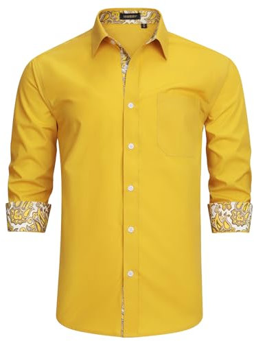 HISDERN Mens Dress Shirt Yellow Long Sleeve Button Down Stretch Smart Shirt for Men Adult Regular Fit Designer Formal Business Non Iron with Pockets,Yellow-1,L