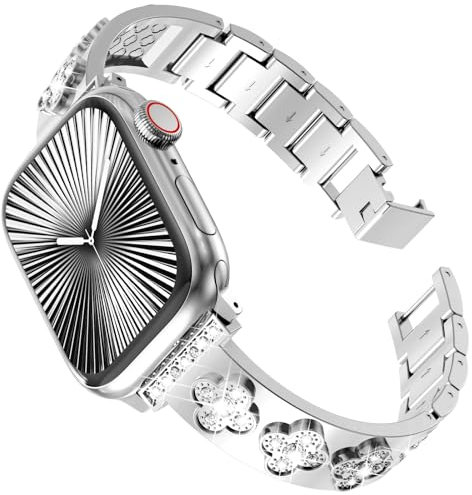 CHANCHY 42mm(series) 41mm 40mm 38mm for Apple Watch Strap for Women, Diamond Rhinestone Bracelet Stainless Steel Metal Strap for Apple watch SE, Series 10 9 8 7 6 5 4 3 2 1, Silver
