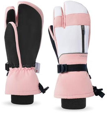Caracaleap Skihandschuhe Herren Damen Fäustlinge 3 Finger Handschuhe Wasserdicht Winterhandschuhe für Skifahren Snowboard Eislaufen Wandern Rosa M-L
