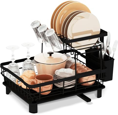 JUPPLIES Escurreplatos de 2 Niveles con Soporte para Utensilios Extraíble, Portavasos y Estante de Gran Capacidad - Escurridor de Platos con Boquilla de Drenaje Automático - 33x43x33cm - Negro