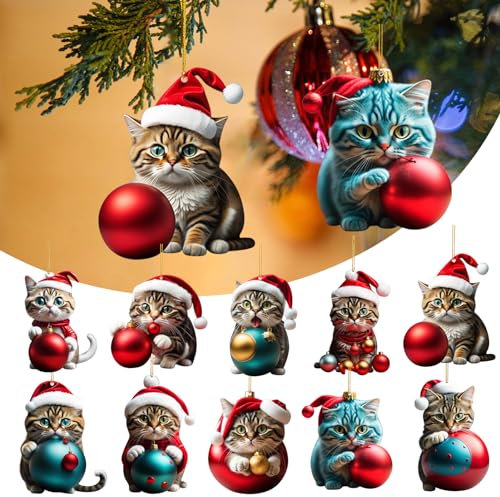 10 Stück Katze Weihnachtsschmuck,Weihnachtsbaum Deko Hängende Ornament 2D Acryl Anhänger Für Weihnachten Tür Fenster Drinnen und Außen,Weihnachtsdekorationen (10-Katze)