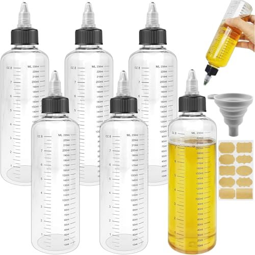 Realure 6 Pcs Squeezy Bottles with Nozzles & Scale & Labels & Screw Cap Funnel 250ml/8oz Squeeze Bottles Multipurpose Sauce Dosing Clear Condiment Bottles for Liquid Spices Sauce Oil Soy Vinegar